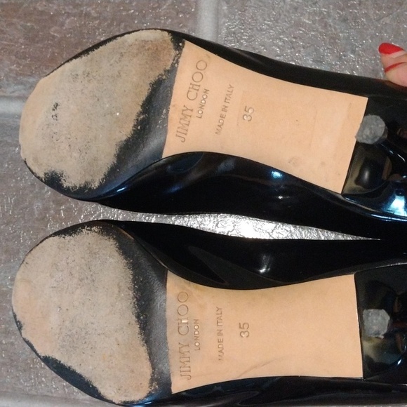 Jimmy Choo black patent leather peep toe heel pump size 35 - Picture 7 of 12